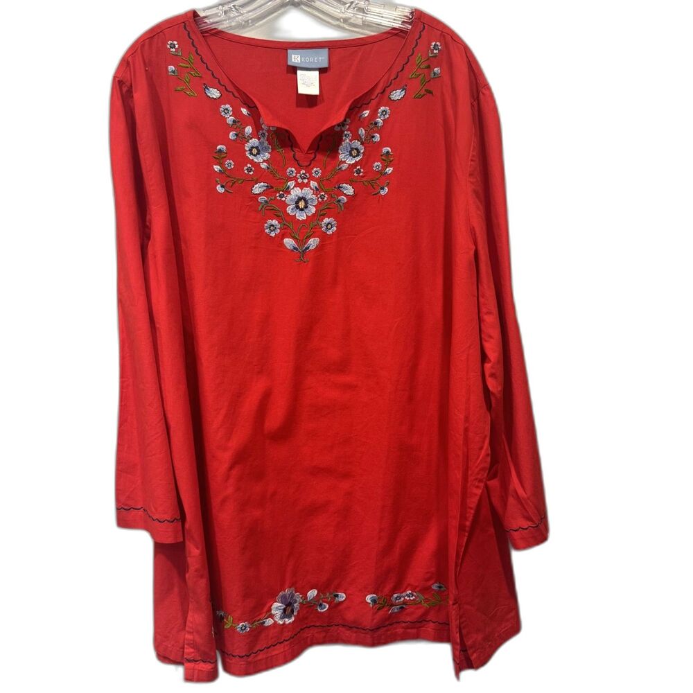 Koret Tunic Top Embroidered Floral Red 100% Cotton Artsy Cottage Women Plus 3X